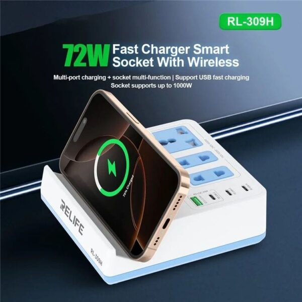RL-309H 72W QC&PD Integrated Fast Charger Smart Socket with 15W Wireless Charging
