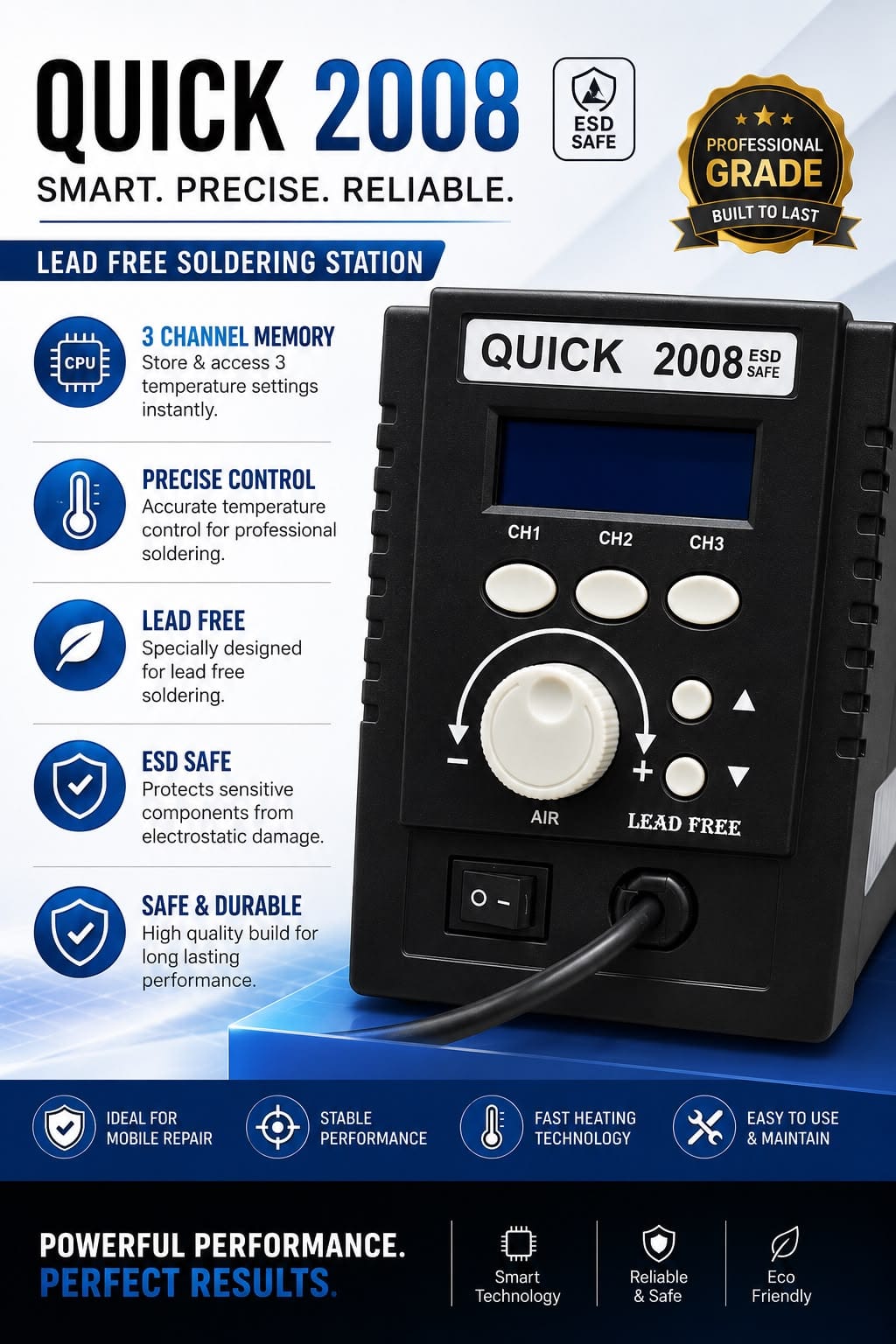 QUICK 2008 ESD Digital Display Hot Air Rework Station (700W).